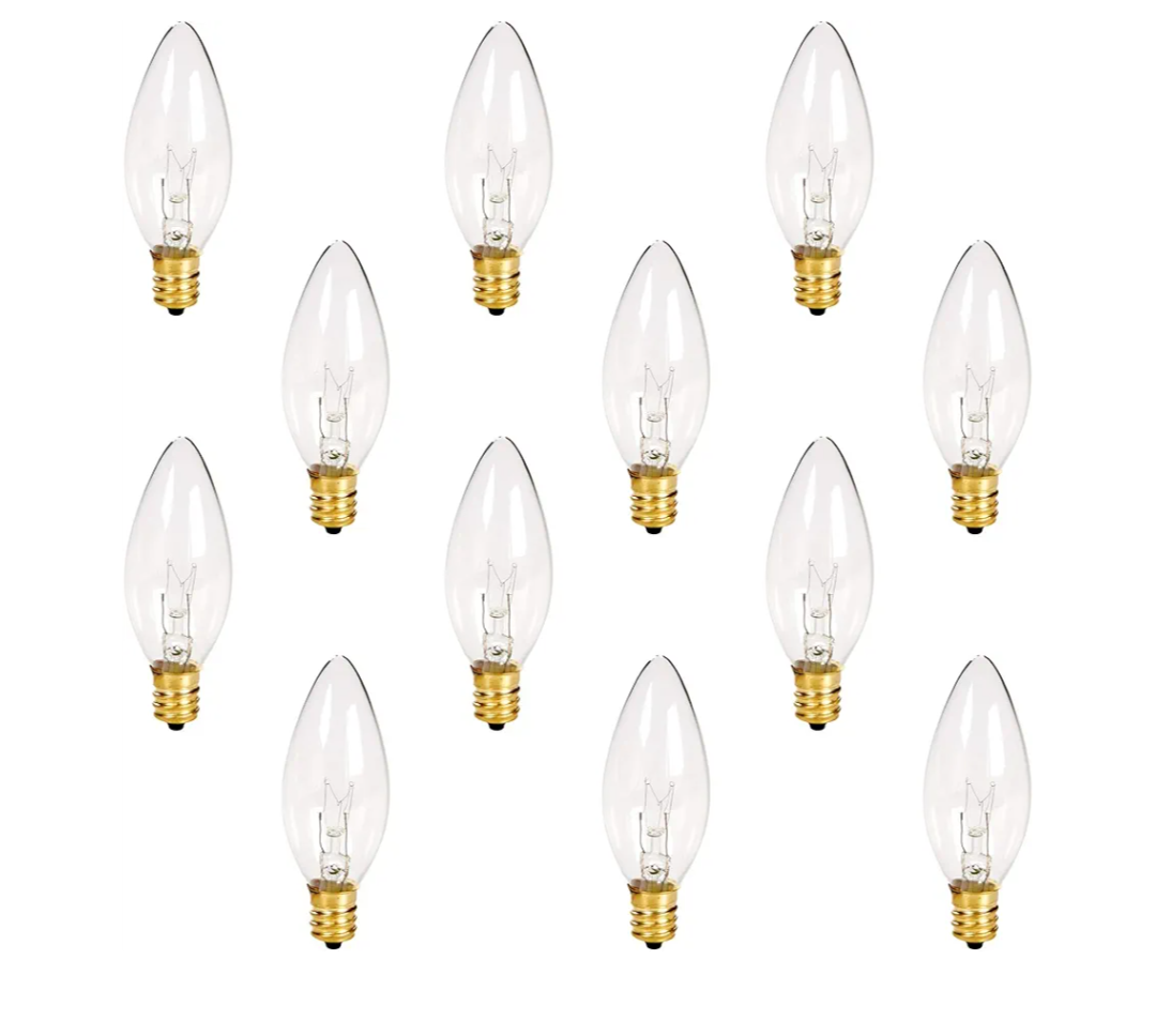 Tip Candelabra Replacement Night Light Bulbs - 7 Watt - 120 Volts - E12 (12 Pack) - Great for Electric Window Candle Light Bulbs Lamps. 11 lamps, 1 broke