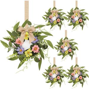6 Pcs Small Spring Summer Hanging Wreaths for Cabinets with Pink Purple Yellow Daisy Flowers and Eucalyptus Leaves Mini Candle Ring Wreath for Home Kitchen Front Door Window Porch Wall Wedding Decor