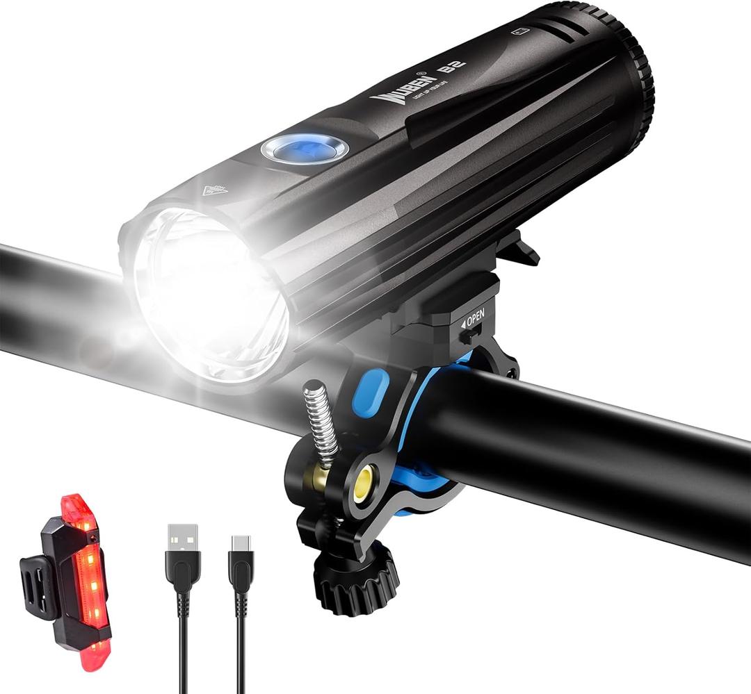 WUBEN B2 Bike Lights Rechargeable, 1300 High Lumen LED Bike Lights USB-C Rechargeable, Front and Back Flash Light 6 Modes, IP68 Waterproof Bike Headlight Taillight