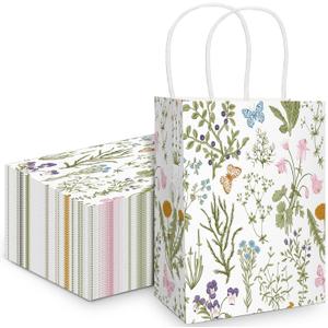 Cholemy 50 Pieces Wildflower Gift Bags Floral Butterfly Kraft Paper Tote Bags with Handles for Wedding Bridal Shower Bachelorette Birthday Baby Shower Party, 5.91 x 3.15 x 8.27 Inches (Black)