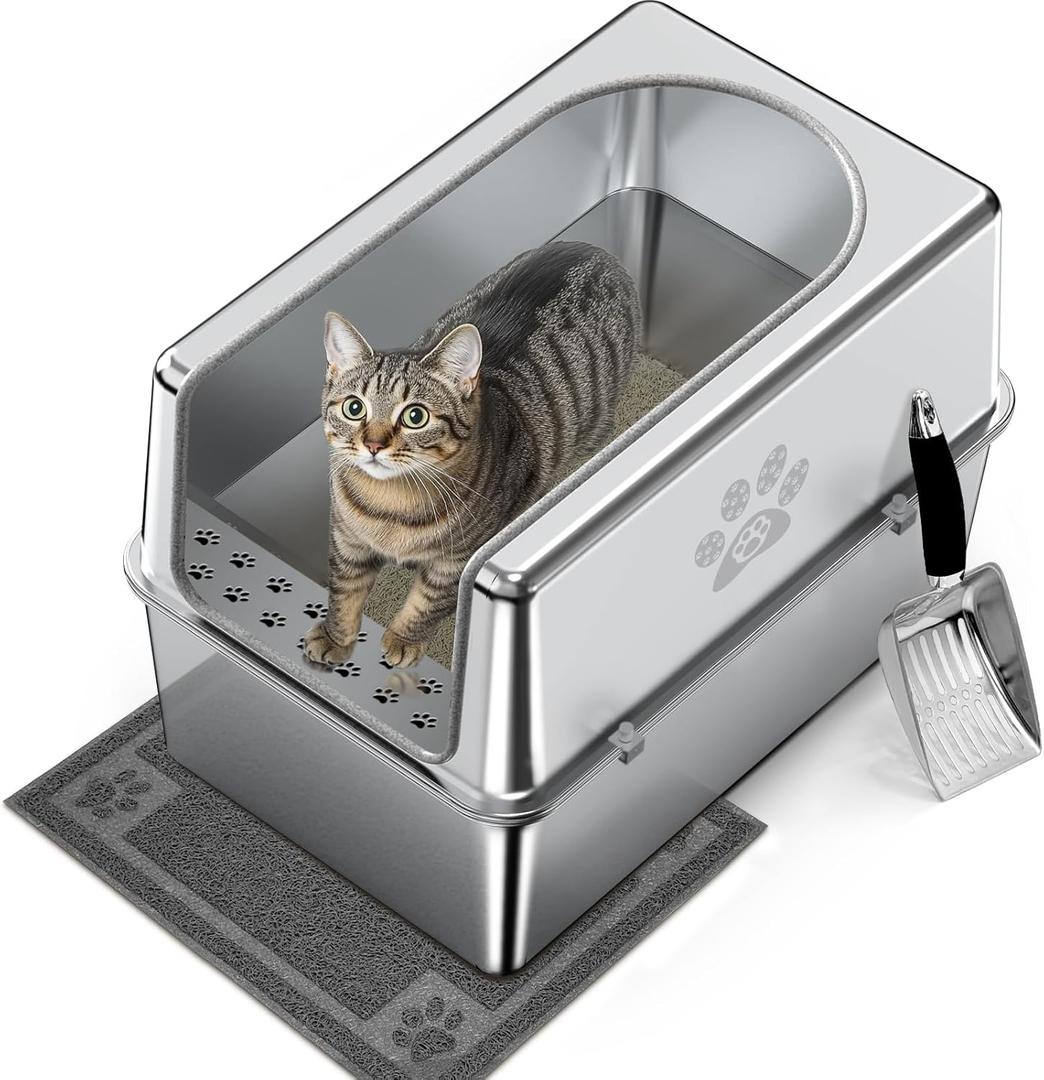 Enclosed Stainless Steel Cat Litter Box with Lid, Metal Litter Box for Big Cats, Extra Large Cat Toilet with High Side, Non-Stick, Anti-Leakage, Odorless, with Cats Litter Mat & Litter Scoop (L-23.6"x15.7"x11.8")