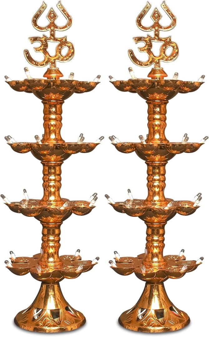 Electric Plastic Light, Pooja Diya with LED Spark, Home Temple Decor, Electric Diya Golden,Mandir Diya,Diwali Diya Lamp (4 Layer, 2)