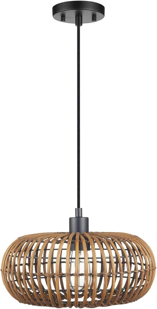 GLOBE Electric x Novogratz 61063 1-Light Pendant Light Fixture, Rattan Shade, Black Socket, Braided Fabric Cord, Living Room Pendant Light, Dining Room Fixture, Kitchen Island Lighting (Trancoso)