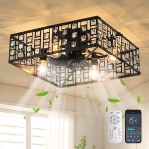 Garwarm Caged Ceiling Fan with Light,19.6"" Black Crystal Fandelier Ceiling Fan with LightBladeless Industrial Ceiling Fan for Bedroom, Living Room, Dining Room(6-Speed, Timing), Square Shape