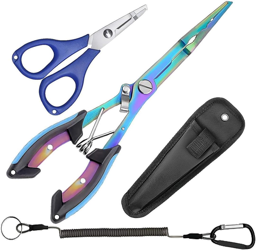Fishing Needle Nose Pliers, Stainless Steel Fish Pliers and Scissors Set with Sheath Lanyard, Hook Remover Split Ring Tools, Aboda Fishing Gear Fresh & Saltwater Fishing Tool Kit (9-inch Kit)