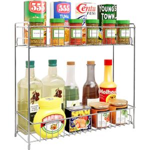 YQh Double - Layer Spice Rack Organizer, Stainless Steel Kitchen Countertop Storage Shelf, Upright Condiment Holder (Suitable for Bottles, Jars, Canned Goods)