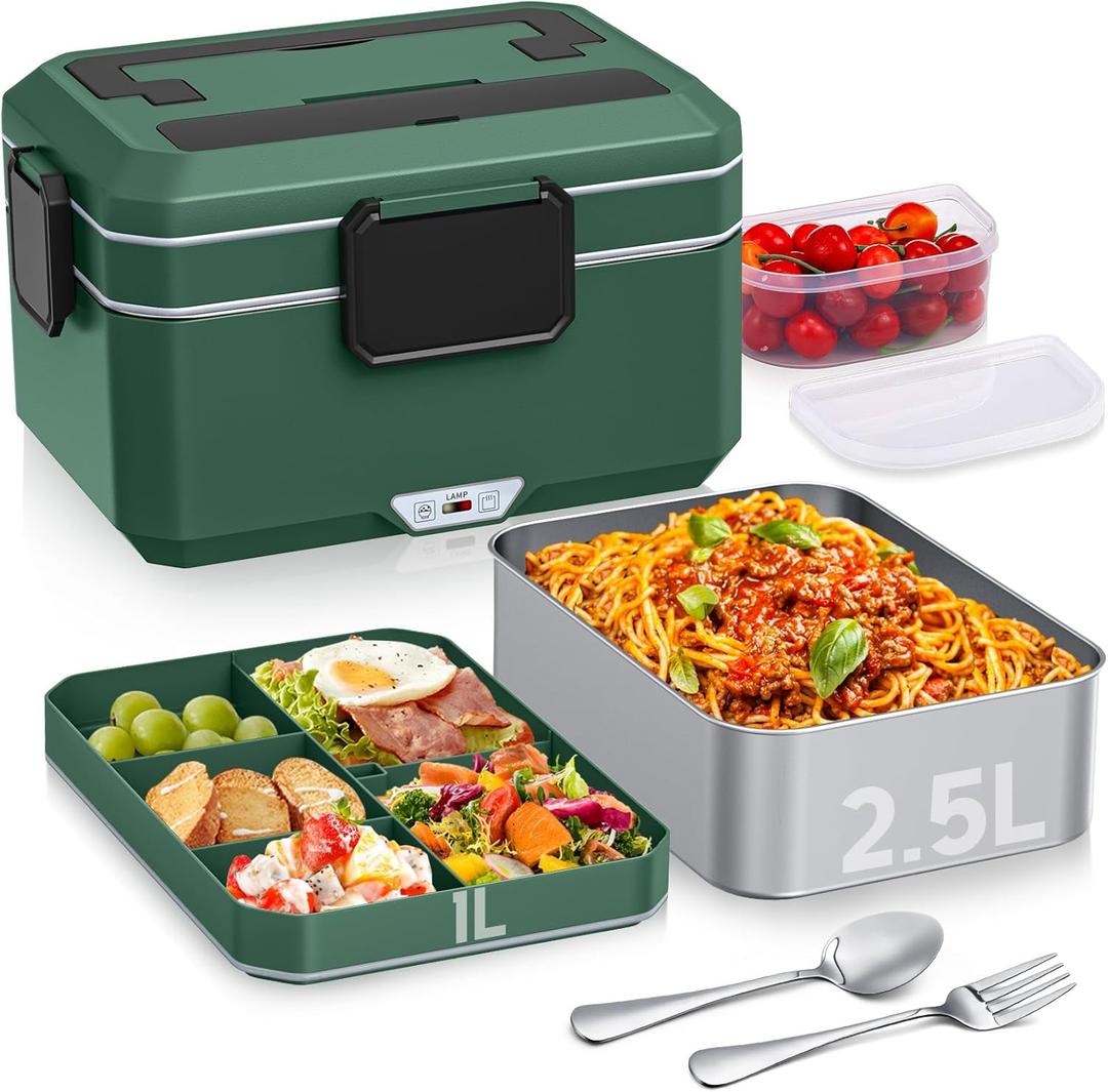 Electric Lunch Box Food Heater: 3.5 Liters Double Layer Heated Lunch Box for Adults, 90W Food Warmer for Car/Truck/Office Use, Ideal for Men, Women, Adults with Fork & Spoon and Insulated Carry Bag (Green)