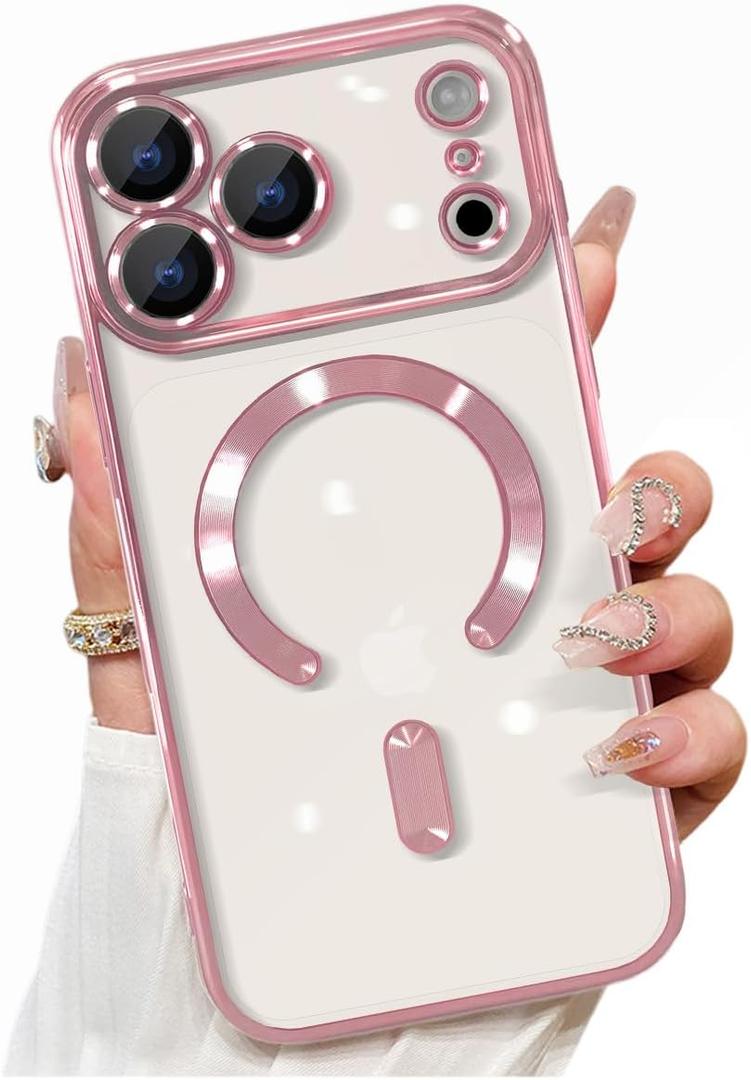 Magnetic for iPhone 17 Pro Max Case Clear, Compatible with MagSafe, Built-in Camera Lens Protector, Soft Slim Phone Case Cover for iPhone 17Pro Max 6.9" - Pink