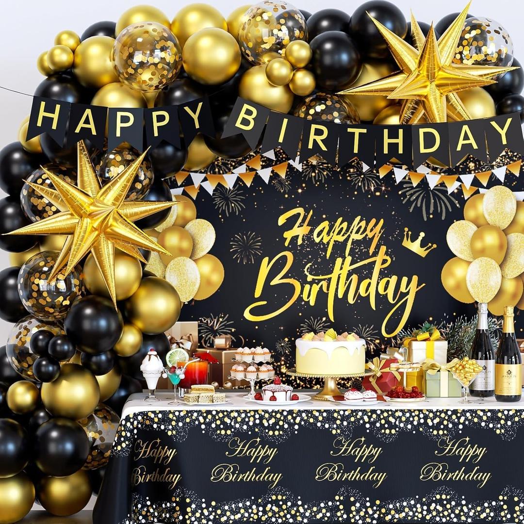 Black and Gold Birthday Decorations for Men Women, 71pcs Black and Gold Party Decorations with Backdrop, Tablecloth, Gold Foil Balloons, Banner, Balloon Arch for Birthday Party Decorations