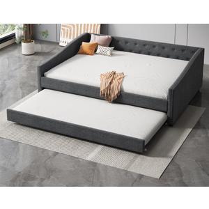 Full Size Upholstered Daybed with Twin Size Trundle, Upholstered Tufted Sofa Bed with Button Backrest and Copper Nail Decorated Arms, Solid Wood Daybed for Living Room, Bedroom