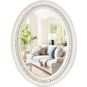 H HOMEWINS Oval Mirrors for Wall,20x30 Oval Wooden Rustic Farmhouse White Beads Boho Decorative Mirror for Bedroom, Bathroom, Living Room,Vanity