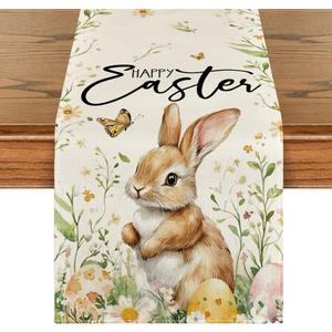 Artoid Mode Bunny Rabbit Butterfly Eggs Flowers Easter Table Runner, Seasonal Spring Kitchen Dining Table Decoration for Home Party Decor 13x108 Inch (Beige)
