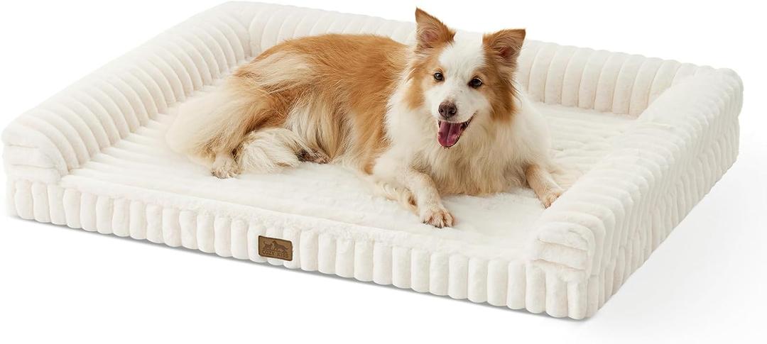 COZY KISS Large Dog Bed for Large Dogs, Faux Rabbit Fur Orthopedic Foam Dog Bed with Sides, Removable Washable Cover & Waterproof Lining, Comfortable Pet Couch, Cream (44" L x 32" W x 7" Th)