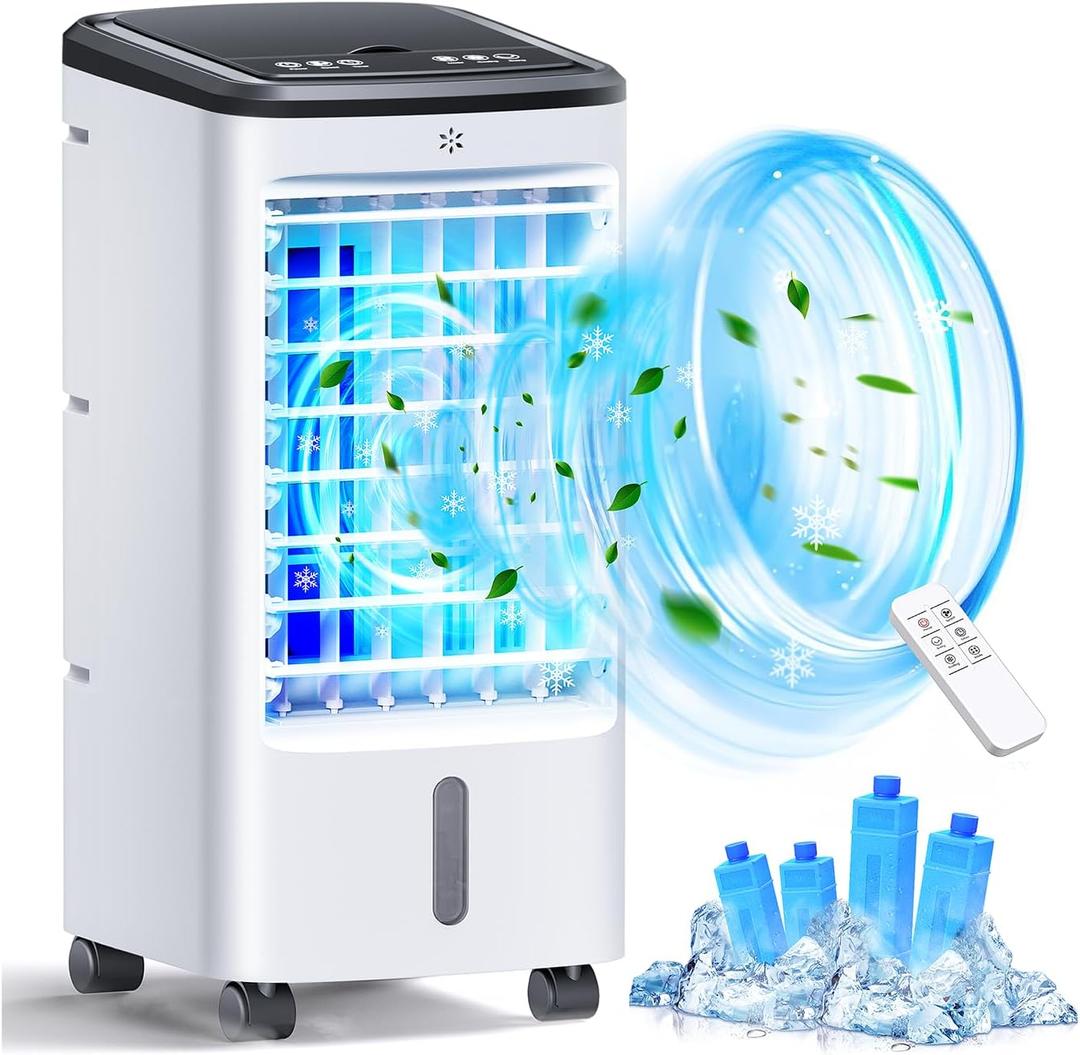 Portable Windowless Air Conditioners w/4 Modes & 3 Spds, 4-in-1 Evaporative Air Cooler w/Remote, 4 Ice Packs, 120Oscillation, 12H Timer, Swamp Cooler for Indoor Room Office