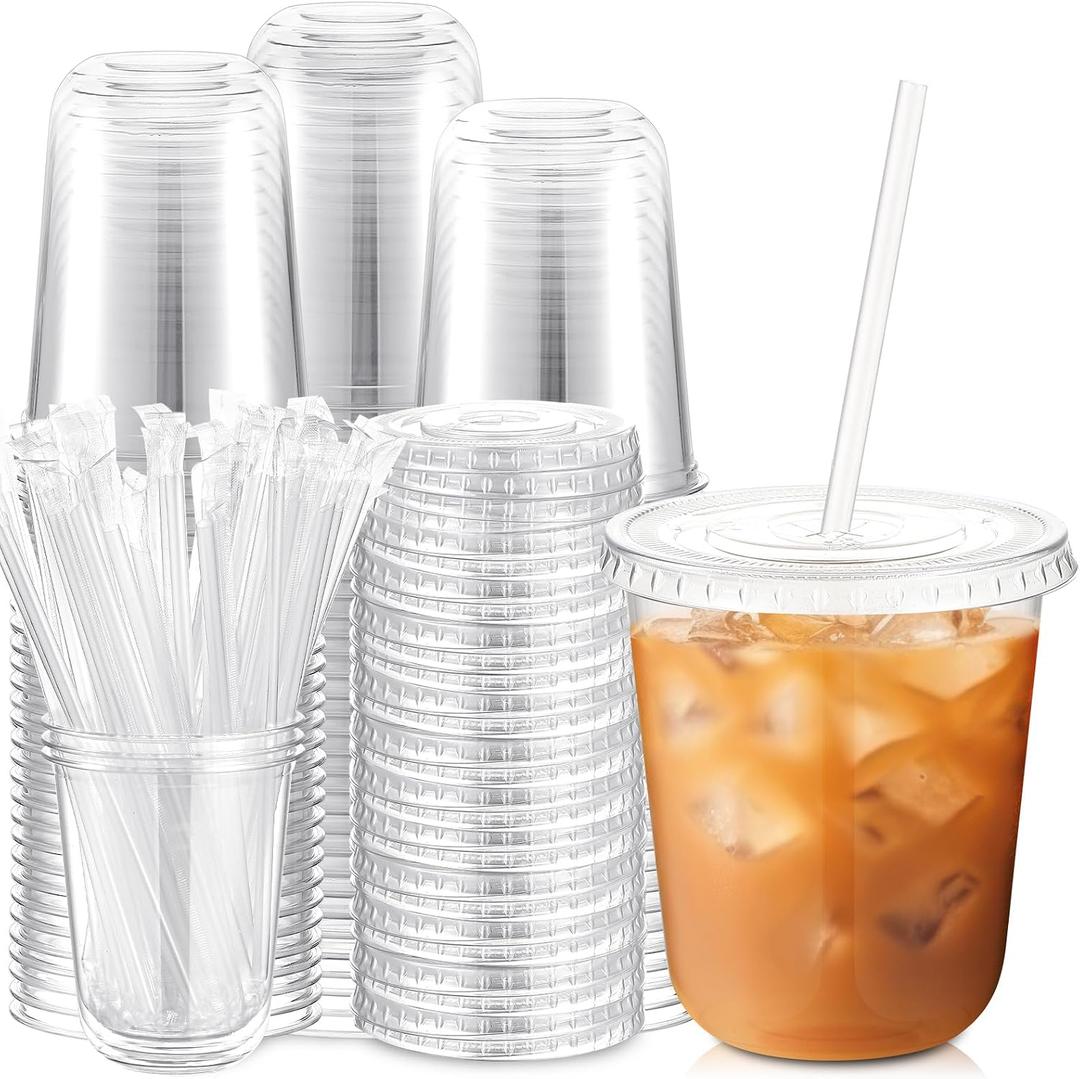 Ziliny 100 Sets Clear Plastic Cups with Lids and Straws, Disposable Iced Coffee Cups for Drinking, Cold Drinks, Juice, Smoothie, Pet Cup for Coffee Shops, Party, Christmas (14 oz)