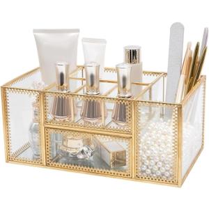 FSyueyun Vanity Clear Glass Makeup Organizer, Gold Makeup Brush Holder Cosmetic Storage Display Case for Skincare Perfume Dresser Countertop