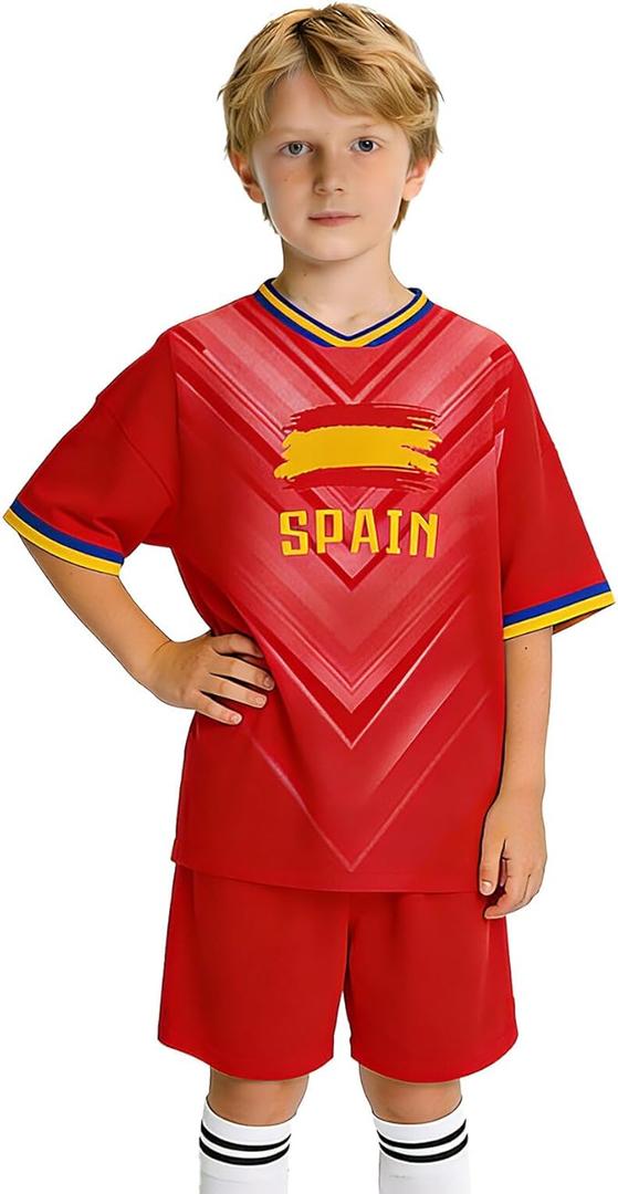 24/25/26 Spain Flag Soccer Jersey Kit for Kids Youth Boys Girls Practice Outfits Fans Gift Sports Uniforms Shirt and Shorts Sets 11-12Y