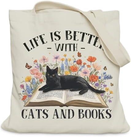 Cat Bookish Gifts Tote Bag for Book Cat Lover, Life is Better with Cats and Books Tote Bag