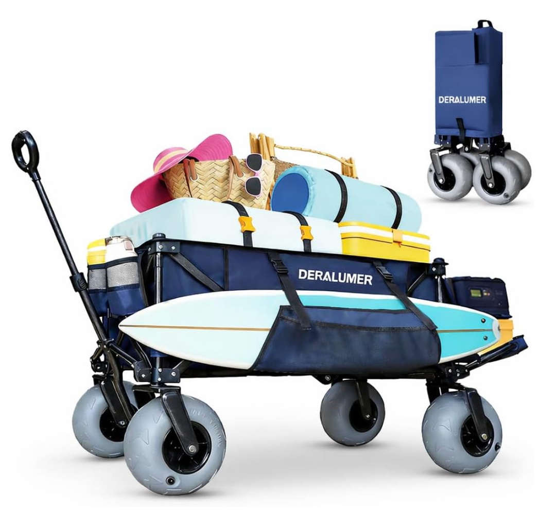 X900 Beach Wagon with 9×4" Big Balloon Wheels for Sand, 48" Heavy Duty Folding Wagon with Expandable Tailgate & Side Bag, Collapsible Utility Cart for Beach, Camping, Fishing (Navy Blue)