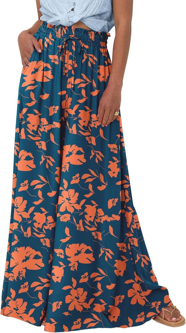 BTFBM Women Casual High Waist Wide Leg Pants Summer Floral Solid Long Palazzo Pants Lounge Beach Trousers with Pocket (M)