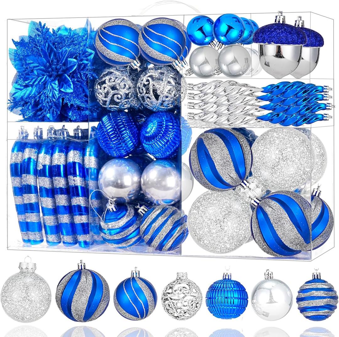 130pcs Christmas Ball Ornaments Set, Shatterproof Christmas Tree Ball Ornament Decoration, Plastic Xmas Ornaments Bulk Hanging Balls, Holiday, Home, Wedding Party, Blue and Silver