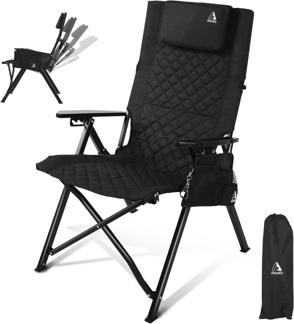 Camping Reclining Chair, Heavy Duty Folding Chairs with 4-Stage Adjustable High Back for Adults, Compact Foldable Outdoor Patio Reclining Chair with Storage Bag Black (1 PACK)