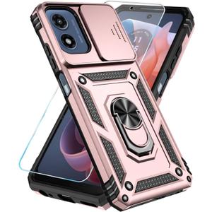 SunStory Phone Case for Motorola Moto G Play 2024 Case with HD Screen Protector & Slide Camera Cover & Kickstand, [Military-Grade] Phone Case for Moto G Play 2024 (Rosegold)
