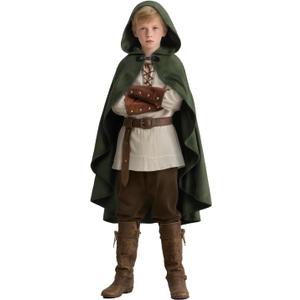 VZQI Hooded Cape for Kids Renaissance Cloak Boys Medieval Halloween Witch Costume Wizard Open-Front Cape (Medium, Green)