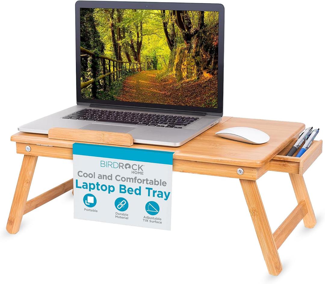 BirdRock Home Bamboo Laptop Bed Tray (Natural)| Multi-Position Adjustable Surface | Pull Down Legs | Storage Drawer