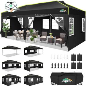 COBIZI 10x20 Pop Up Canopy Tent with 6 Removable Sidewalls, One Push Party Tent Outdoor Waterproof Event Canopy with Air Vent for Parties Commercial Wedding, 3 Height, Carry Bag, Sandbag, Black, 10x20with 6 sidewalls