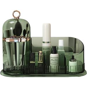 Makeup Organizer, Skincare Organizer with Brush Holder, Partitioned Storage Cosmetic Display Cases, Large Capacity Cosmetic Storage for Bedroom Dresser, Bathroom Counter (Clear Green)
