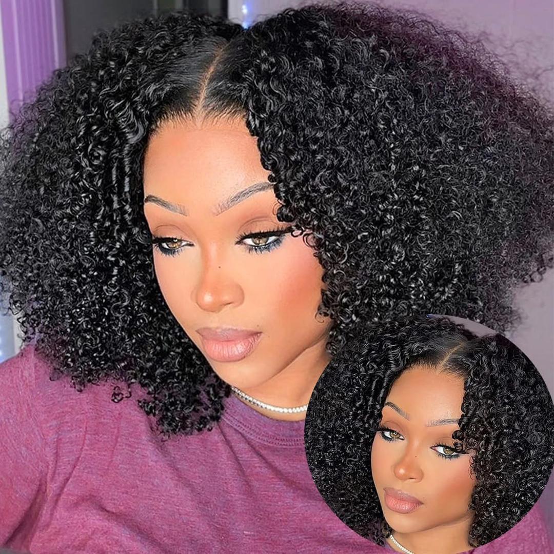 Afro Kinky Curly V Part Wig Human Hair Brazilian Virgin Glueless Wig Human Hair for Black Women Upgrade U Part Wigs Kinky Curly Wigs No Leave Out 200% Density Natural Color 14 Inch