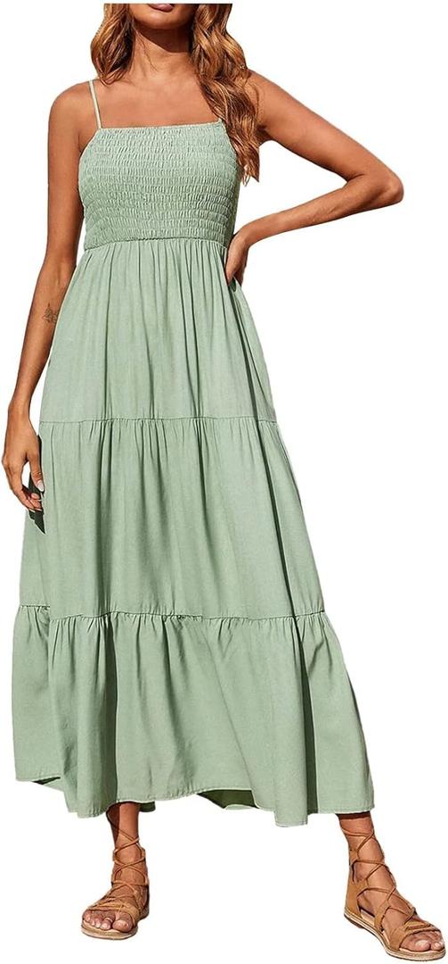 Women's Summer Dresses Smocked Tiered Long Beach Sun Dresses Skirt Casual Bohemian Thin Dress Dresses, Small