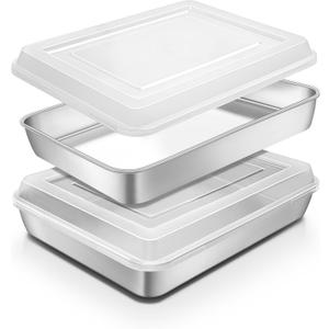 Stainless Steel Baking Pan with Lid, 12 x 9 x 2 Inch Deep Rectangle Cake Pans with Cover for Cakes, Brownies, Cookies, Deep Side & Heavy Duty,Dishwasher & fridge & Oven Safe(2 Pans + 2 Lids)