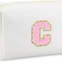 Initial Makeup Bag,Personalized preppy bag Waterproof PU Leather Chenille Letter Cosmetic Bag,Portable Travel Toiletry Bag Monogram Birthday Gift for Women Girls Mom Friends (Letter C) (White)