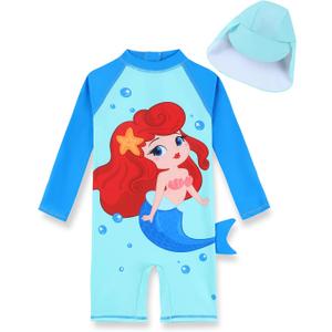 PURFEEL Girls One Piece Swimsuit Mermaid Long Sleeve Rash Guard Bathing Suit with UPF 50+ UV 4-5T Years, Blue Ariel Swimwear