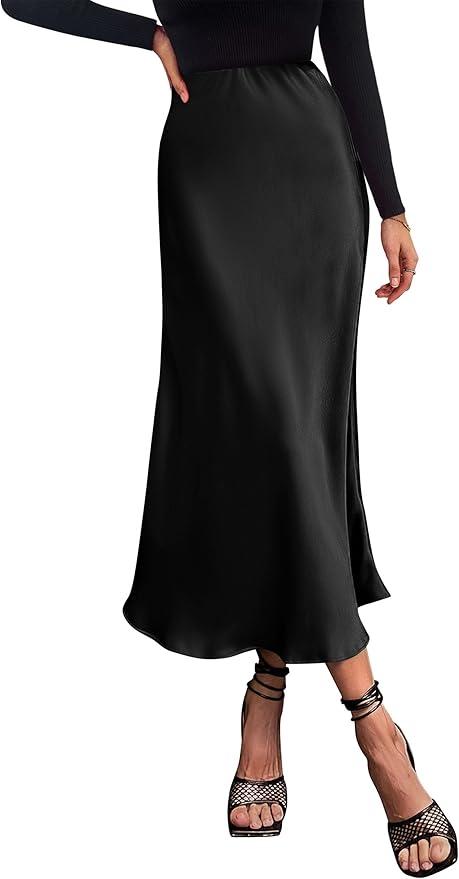 PRETTYGARDEN Women's Midi Satin Skirt Dressy Casual Summer High Waisted A Line Flowy Ruffle Elegant Party Skirts , Size XL
