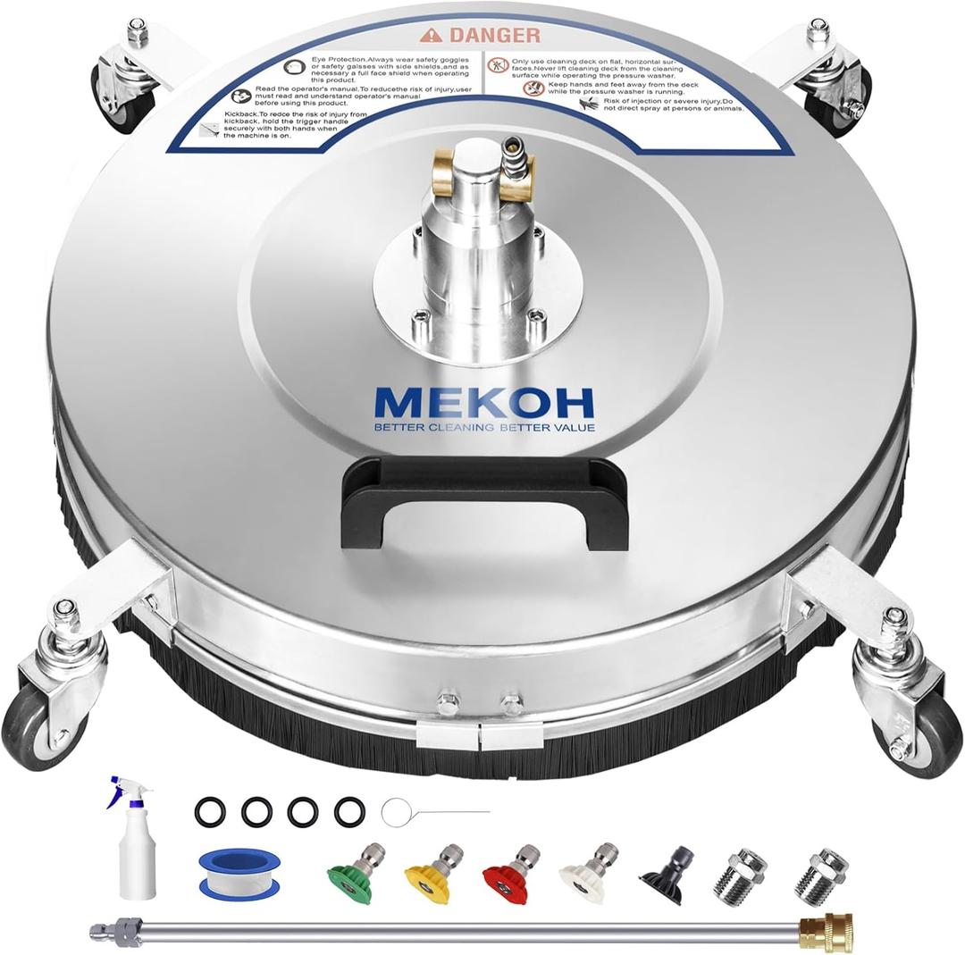 MEKOH 18" Pressure Washer Surface Cleaner 4500 PSI4 Wheels Stainless Steel Power Washer Attachment for Driveway Sidewalk Patio Concrete Cleaning, 1/4'' Quick-Connect, 1 Extension Wand&5 Spray Nozzles