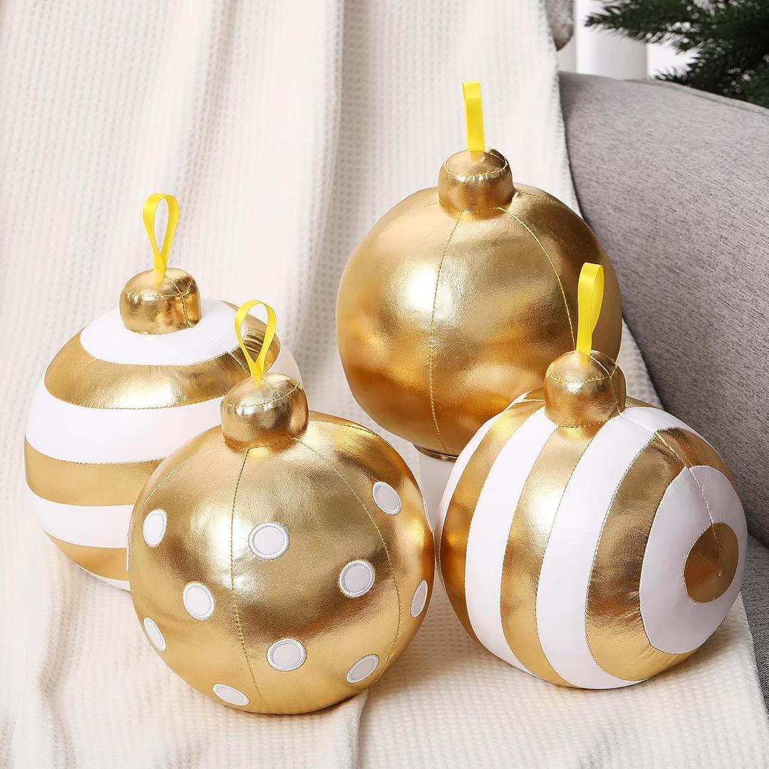 Beeveer 4 Pcs Gold Christmas Ornament Pillows, 6 Inch Stuffed Round Xmas Throw Pillows, Classic Christmas Ball Shaped Decorative Cushion for Couch Chair Bedroom Living Car Xmas Tree Party Holiday
