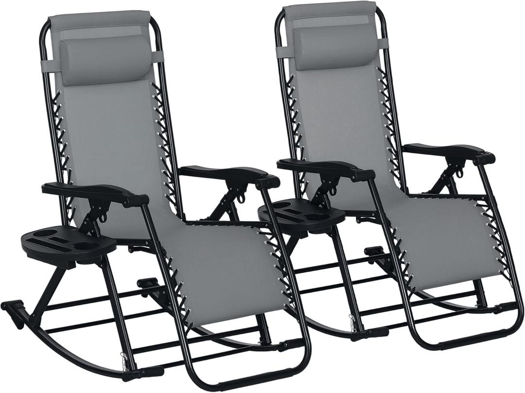 Outsunny Set of 2 Outdoor Rocking Chairs, Foldable Reclining Zero Gravity Lounge Rocker with Pillow, Cup & Phone Holder, Combo Design with Folding Legs, Gray (Grey)