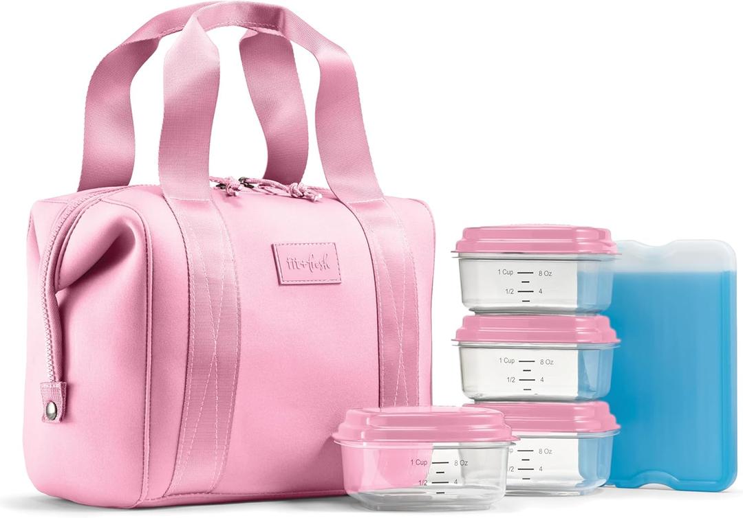 Fit & Fresh Remi Lunch Bag for Women Work  Neoprene Lunch Tote with Containers & Ice Pack, Reusable Meal Prep Lunch Box, Large Capacity, Machine Washable, Pink