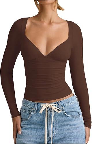 SweatyRocks Women's Deep V Neck Crop T Shirts Long Sleeve Slim Fitted Going Out Y2k Tops Brown Medium