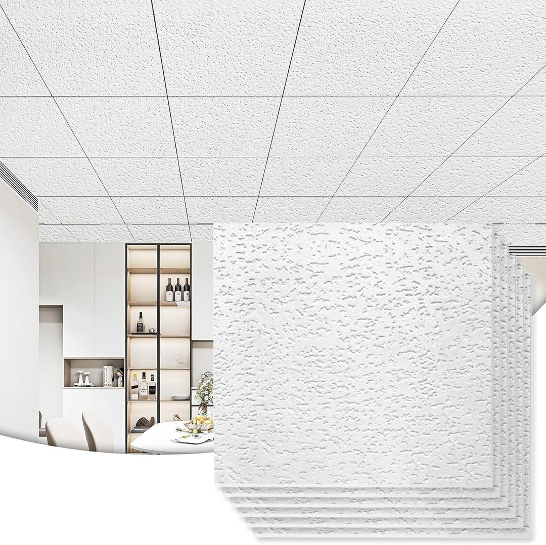 Art3d 12-Pack Stucco Texture Drop Ceiling Tiles 2x2 FT - Fire-Rated, Waterproof, Reusable - Premium PVC 24x24 Inch Ceiling Panels for Living Room Kitchen Bathroom Basement Office, White, 24*24 12pcs