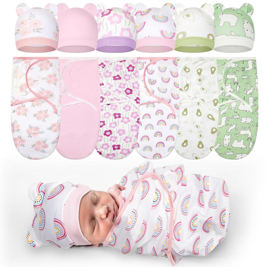 Ramede 6 Pack Preemie Swaddle Blanket with Hats Sleep Swaddle for Baby Boy Girl Preemie Newborn Sacks Soft Cotton Wearable(Flower,Pink and Green)