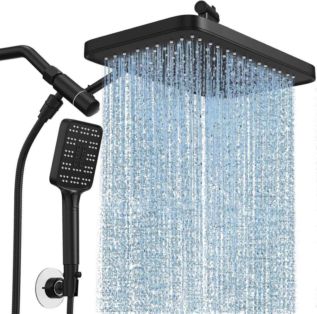 Rain Shower Head with Handheld Spray Combo Set, Adjustable 12" Rainfall Dual Shower Head, Double&Tandem Shower Head, Waterfall Showerhead Bathroom -Matte Black