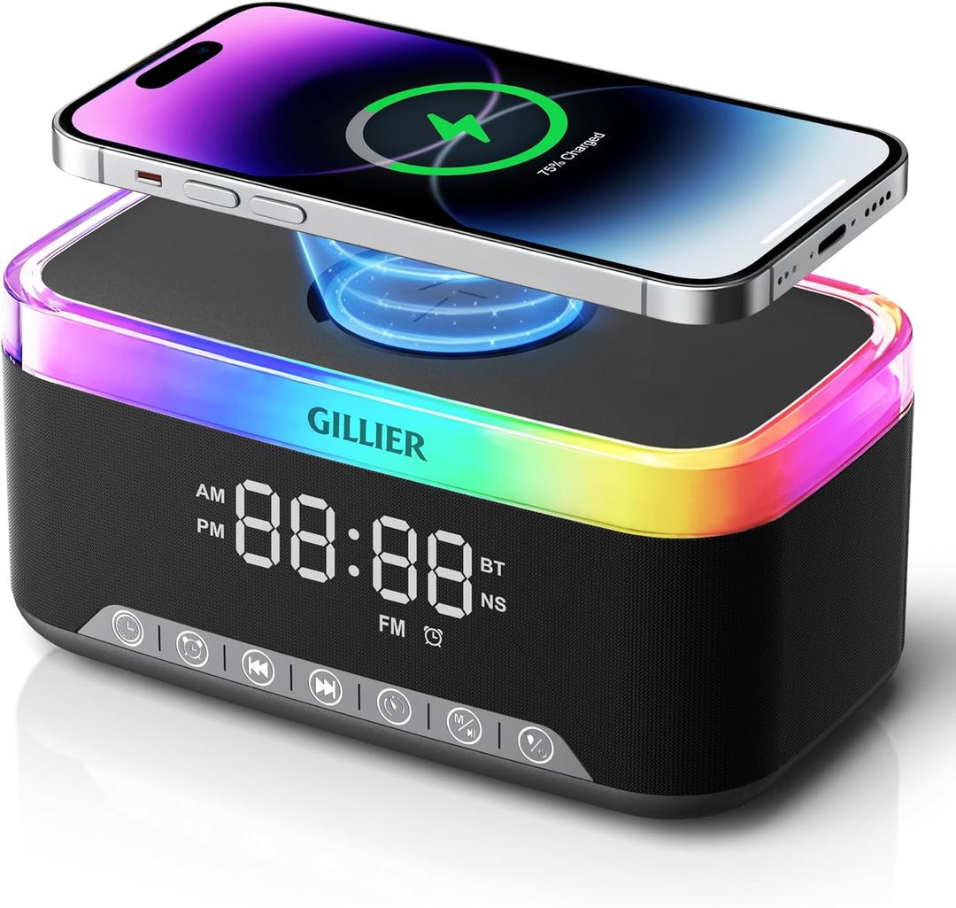 Wireless Charging Alarm Clock Radio for Bedrooms  15W Fast Wireless Charger Station for iPhone Samsung, Bluetooth Stereo Speaker with FM Radio, Dimmable Display, USB Port, Sleep Timer, Black