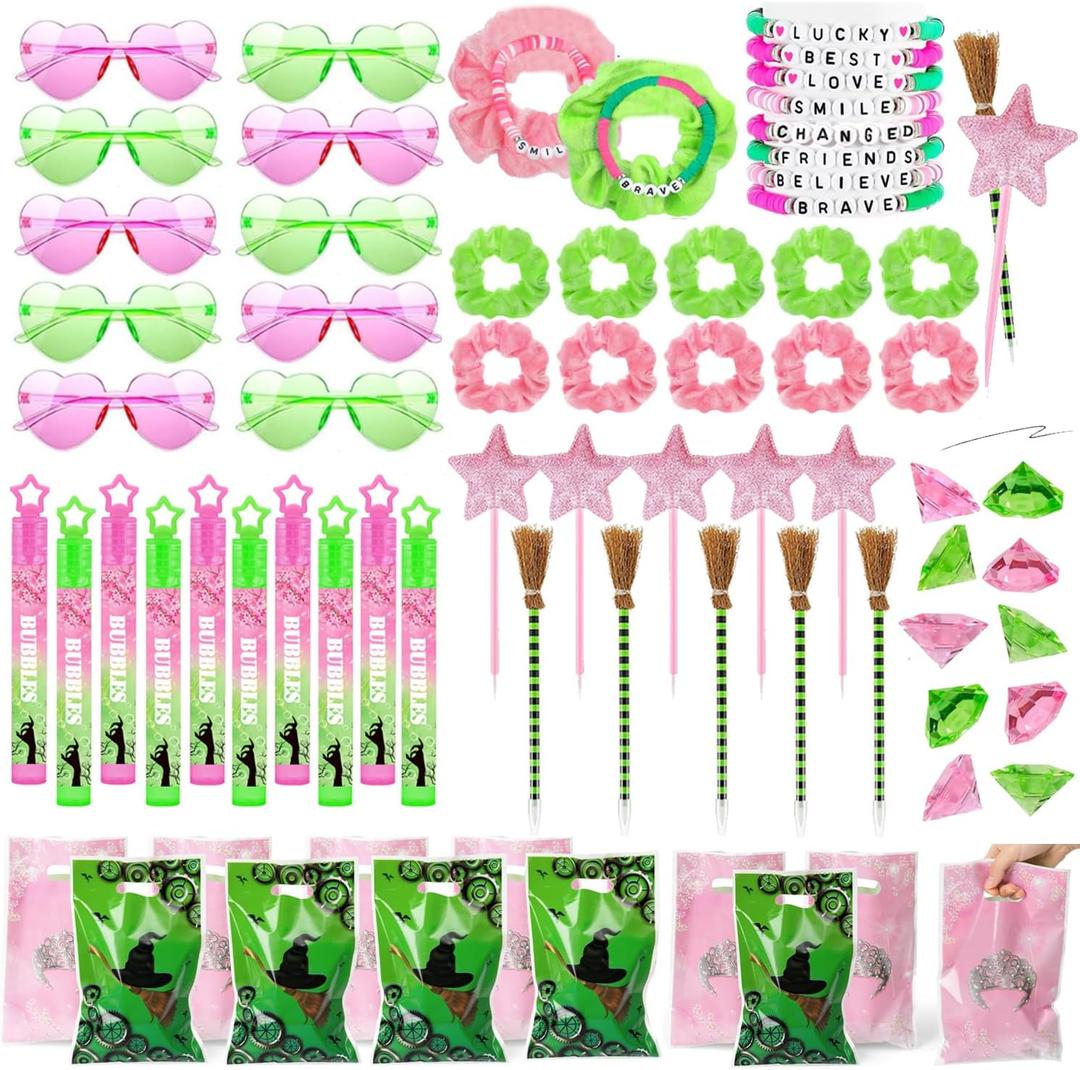 70Pcs Pink and Green Birthday Theme Party Favors, 10 Pack Glasses Star Broom Pens Bracelets Hair Bands Gift Goodie Bags Bubbles for Decor Decorations Supplies