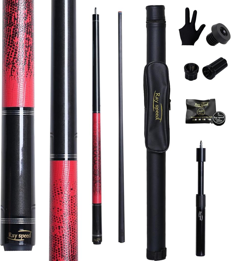 Carbon Fiber Pool Cue Stick 12.5mm Rainbow Tip Low Deflection Pool Stick with Uni-loc Pin Joint and Extension Pool Stick-20 oz (Red)