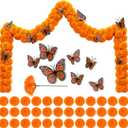 105 PCS Artificial Marigold Flowers with 12 Orange Monarch Butterflies Decor, 3.5 Inch Silk Dia de Los Muertos Flowers for Altars, DIY Fiesta, Halloween, Diwali Bulk Orange Mexican Flowers
