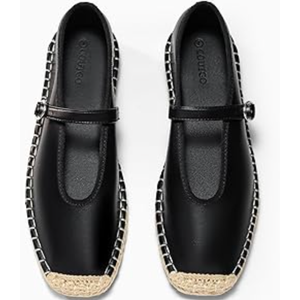 Coutgo Womens Espadrilles Mary Jane Flats Closed Sqaure Toe Ballet Flats Comfortable Dress Shoes, Black/PU, Size 7